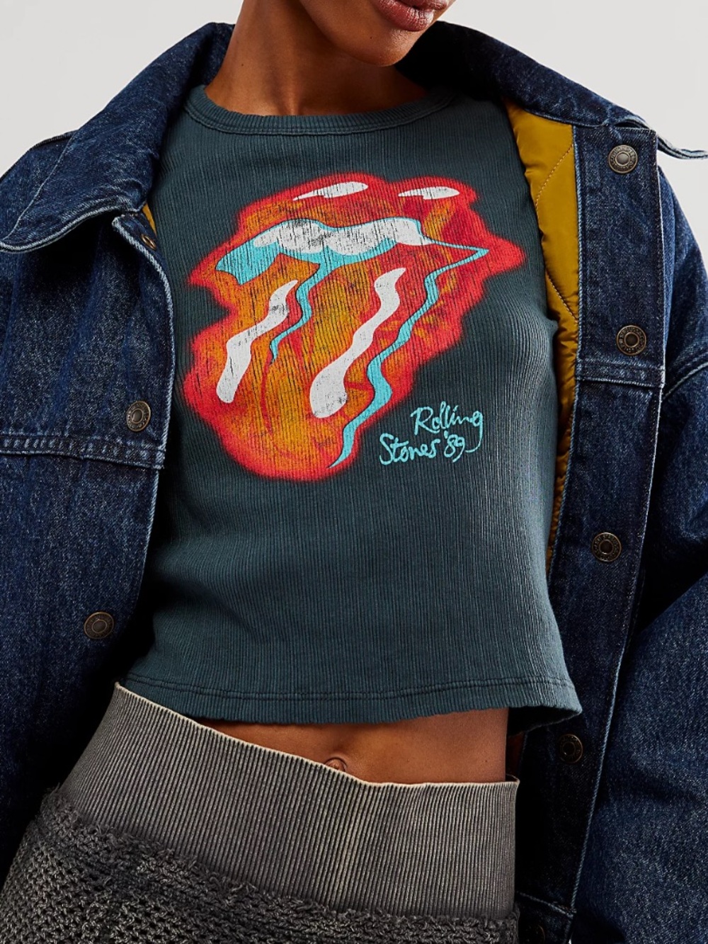 Free People Daydreamer Cropped Long-Sleeve Tee with Rolling Stones Graphic